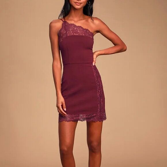 NWT FREE PEOPLE Premonitions Bodycon One-Shoulder Mini Lace Burgundy Dress S - Picture 3 of 15